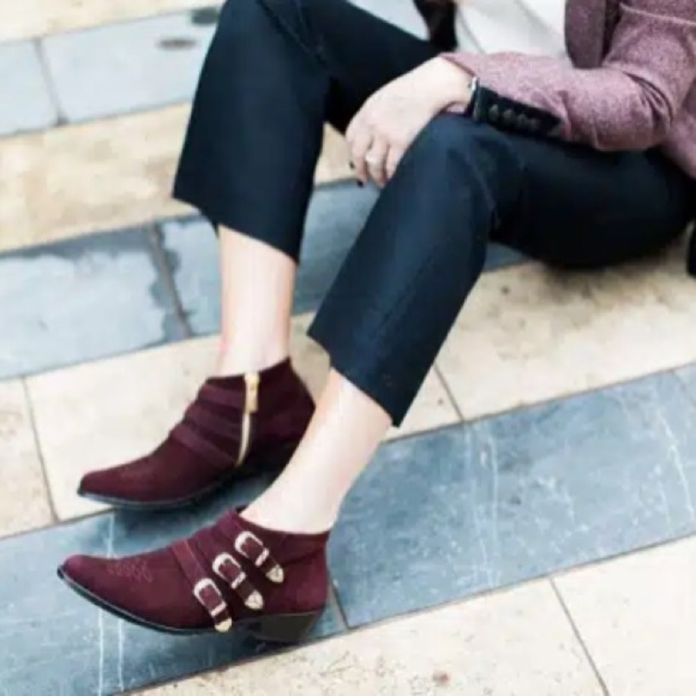 Anine Bing Witchy Western Emma Boots Burgundy Gold Triple Buckle Luxury Cowboy - Picture 4 of 16